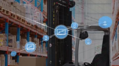 Animation of network of connections with data processing over caucasian male worker in warehouse. Global shipping, retail, connections and digital interface concept digitally generated video.