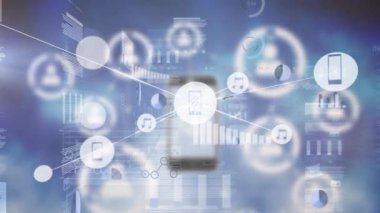 Animation of network of profile icons and screens with data processing against blue background. Global networking and business technology concept