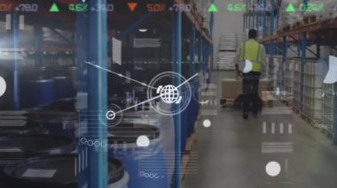 Animation of network of connections with data processing over caucasian male worker in warehouse. Global shipping, retail, connections and digital interface concept digitally generated video.