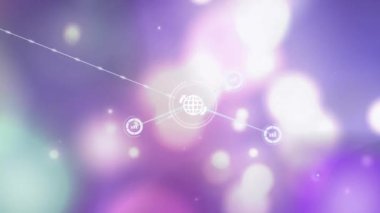 Animation of network of digital icons over spots of light against purple gradient background. Global networking and business technology concept