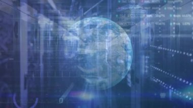 Animation of data processing over screens and globe of connections. European economy finance politics and technology concept digitally generated video.