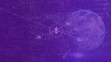 Animation of icons and dots connected with lines, globe, trading board and programming codes. Hologram, digitally generated, multiple exposure, business, global networking, investment, technology.