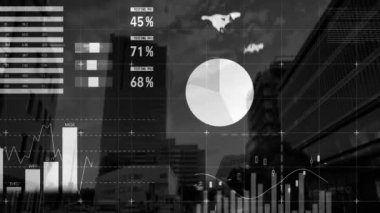 Animation of data processing over office. Global connections business digital interface technology and networking concept digitally generated video.