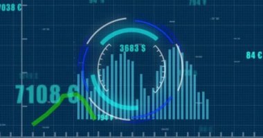 Animation of round scanner over statistical data processing against blue background. Computer interface and business data technology concept