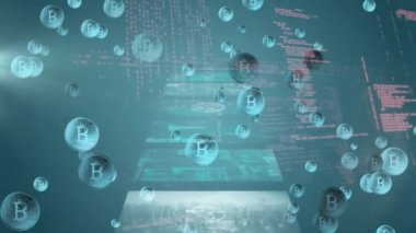 Animation of multiple bitcoin symbols over screens with data processing against blue background. Cryptocurrency and business technology concept