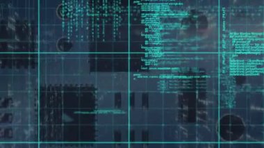 Animation of science data processing on blue background. Global business finances and digital interface concept digitally generated video.