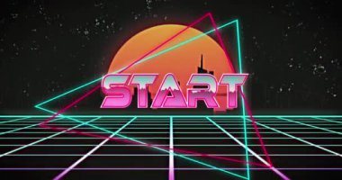 Animation of start text over colorful graphics and shapes. Backgrounds with abstract texture and design concept.