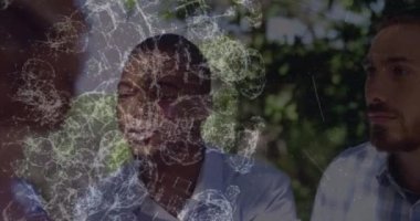 Animation of abstract pattern over multiracial coworkers discussing in meeting outside office. Digital composite, multiple exposure, teamwork, business, planning and togetherness concept.