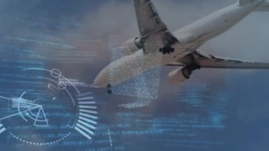 Animation of diverse data, graphs and plane over hands of caucasian man typing on keyboard. Transport, travel, aircraft and air traffic controlling concept digitally generated video.