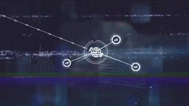 Animation of vhs glitch effect over network of digital icons against screens with data processing. Global networking and business technology concept