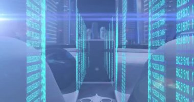 Animation of data processing over car interior and cityscape. Global technology, computing and digital interface concept digitally generated video.