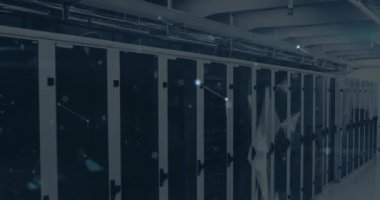 Animation of network of connections and data processing over moving columns. Global technology data processing and digital interface concept digitally generated video.