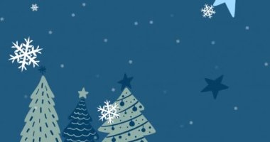Animation of snow falling over christmas trees and stars on blue background. Christmas, tradition and celebration concept digitally generated video.
