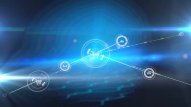 Animation of network of connections with icons and light trails on black background. Global connections, computing and digital interface concept digitally generated video.