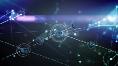 Animation of network of connections with icons and light trails on black background. Global connections, computing and digital interface concept digitally generated video.