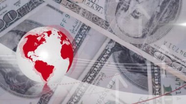 Animation of globe with icons over caucasian businessman using laptop. Global business digital interface technology and networking concept digitally generated video.
