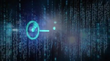 Animation of blue glowing light trails with data processing over blue composition. Global technology data processing and connections concept digitally generated image.