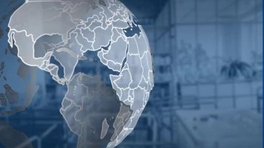 Animation of globe over empty office. Global business, computing and digital interface concept digitally generated video.