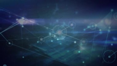 Animation of network of connections and data processing against light trails on blue background. Global networking and business technology concept