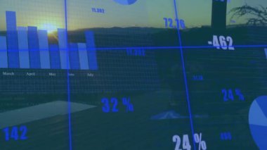 Animation of statistical data processing against sun shining through mountains. Business data and analytics technology concept