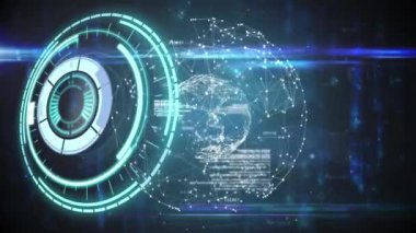 Animation of scope scanning over data processing on blue background. Global networks technology and connections concept digitally generated video.