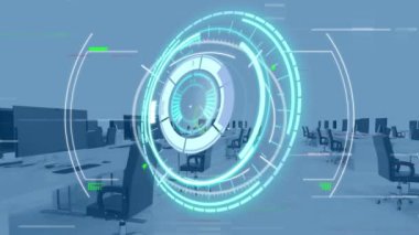 Animation of scope scanning and data processing over empty office. Global digital interface technology and networking concept digitally generated video.