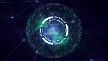 Animation of round scanners and glowing network of connections against black background. Global networking and business technology concept