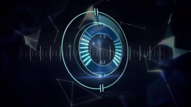 Animation of neon round scanner over globe of plexus network against black background. Computer interface and business technology concept