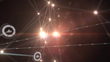 Animation of network of connections with icons over shapes on black background. Global connections digital interface and technology concept digitally generated video.