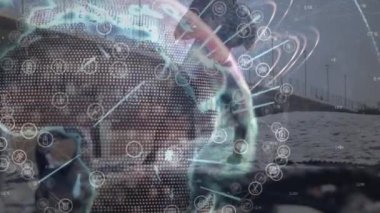 Afrika kökenli Amerikalıların egzersiz yaptığı dünya ve veri işleme animasyonları. Küresel spor, bilgisayar ve dijital arayüz kavramı dijital olarak oluşturulmuş video.