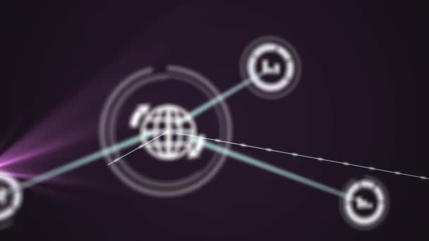 Анімація Мережі Цифрових Піктограм Над Фіолетовою Світловою Плямою Чорному Тлі — стокове відео