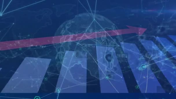 Анімація Мережі Язків Обробкою Даних Глобусом Синьому Фоні Глобальна Технологія — стокове відео