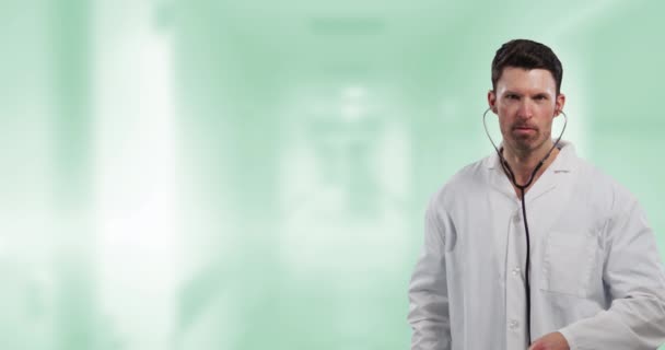 Animación Médico Caucásico Con Estetoscopio Sobre Fondo Borroso Concepto Medicina — Vídeo de stock