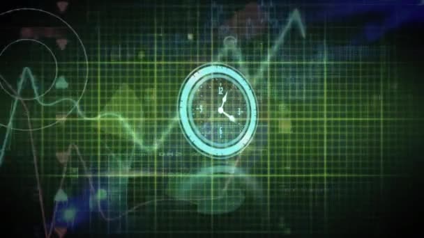 Animation Neon Ticking Clock Heart Rate Monitor Light Sparkles Green — Vídeo de stock