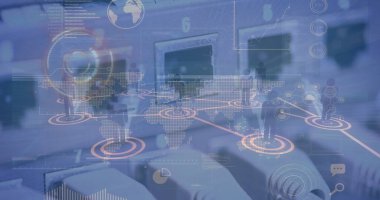 Image of data processing over network of connections with icons and scope scanning. Global technology, online security and digital interface concept digitally generated image.