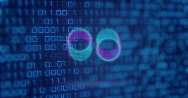 Image of neon circles over digital screen with binary code. Global computers, network, data and technology concept digitally generated image.