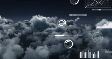 Image of digital data processing over clouds. Global digital interface, networks and data processing concept digitally generated image.