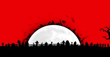 Image of flames over moon and halloween cemetery on red background. horror, fright, halloween tradition and celebration concept digitally generated image.