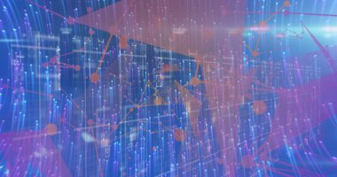 Image of light trails over network of connections with data processing on black background. Global technology, computing and digital interface concept digitally generated image.