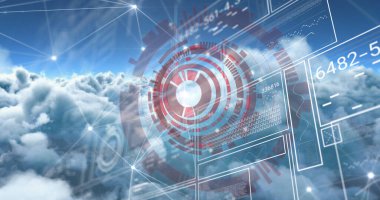 Image of communication network and scanner processing data over blue cloudy sky. Global communication, research, digital interface and data concept digitally generated image.