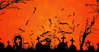 Image of flying bats and halloween cemetery on orange background. horror, fright, halloween tradition and celebration concept digitally generated image.