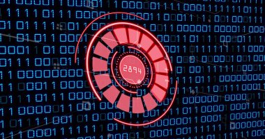 Image of red circle with numbers over binary code. Computers, data processing and technology concept digitally generated image.