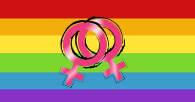 Digitally generated image of pink female gender symbols over rainbow flag. pride month, symbolism and vector concept.
