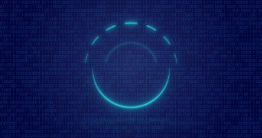 Image of neon circle over digital screen with binary code. Global computers, network, data and technology concept digitally generated image.