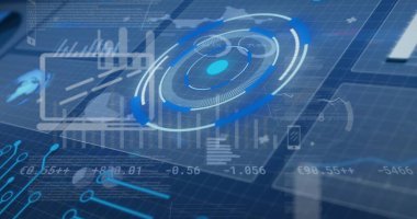 Multiple exposure vector image of various virtual blue patterns, copy space. Illustration, futuristic, technology, modern, data, innovation, digital composite.