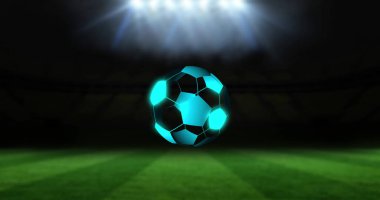 Image of digital football over stadium. Global sport, technology and digital interface concept digitally generated image.