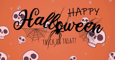 Image of happy halloween trick or treat text with spiders and webs over skulls, on orange. halloween, tradition and seasonal celebration concept digitally generated image.