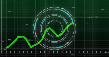 Image of scope and financial data processing over grid. Global business, finance, digital interface and data processing concept digitally generated image.