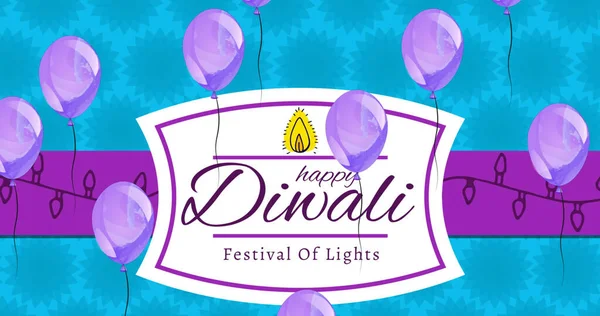 Image of floating balloons over happy diwali festival of lights over tag on blue background. diwali tradition and celebration concept digitally generated image.