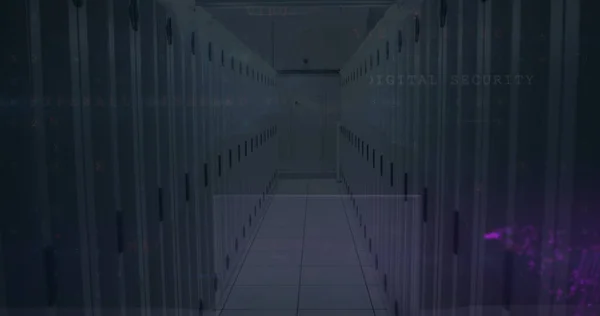 Image of moving shapes over server room. Global business and digital interface concept digitally generated image.